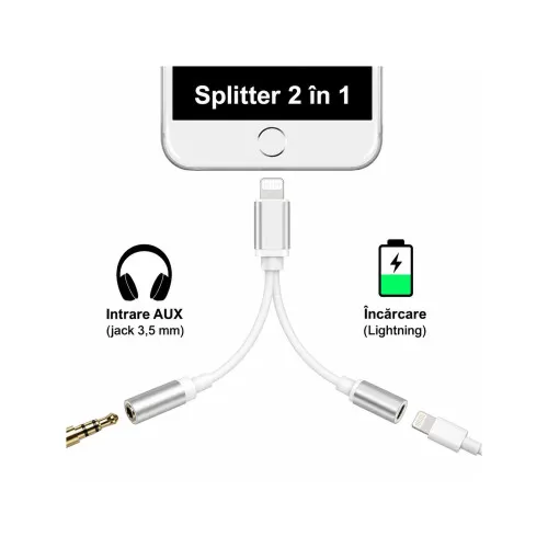 Adaptor 2 in 1 Lightning la Lightning si Jack 3.5 mm compatibil iPhone alb 15 cm — imaginea 3