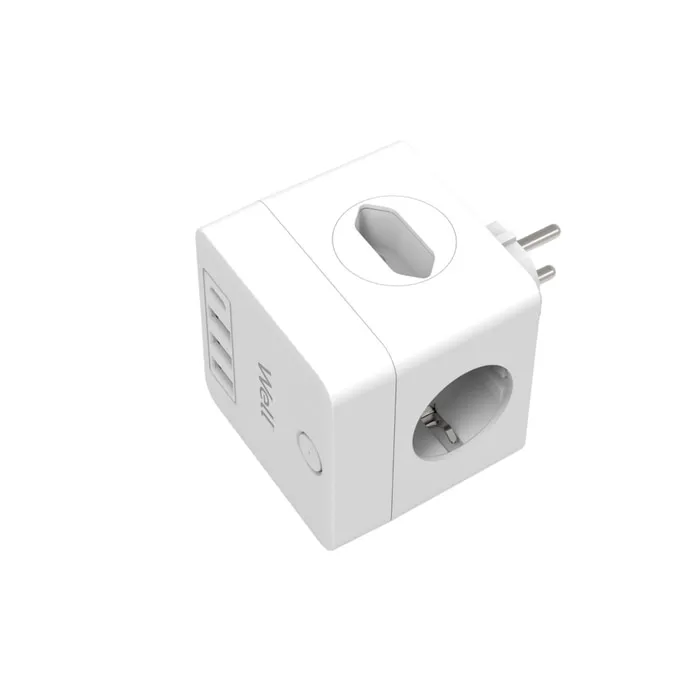 Adaptor Well, 2 prize schuko + 2 prize Euro + 3 porturi USB + USB-C, 16A, protectie copii
