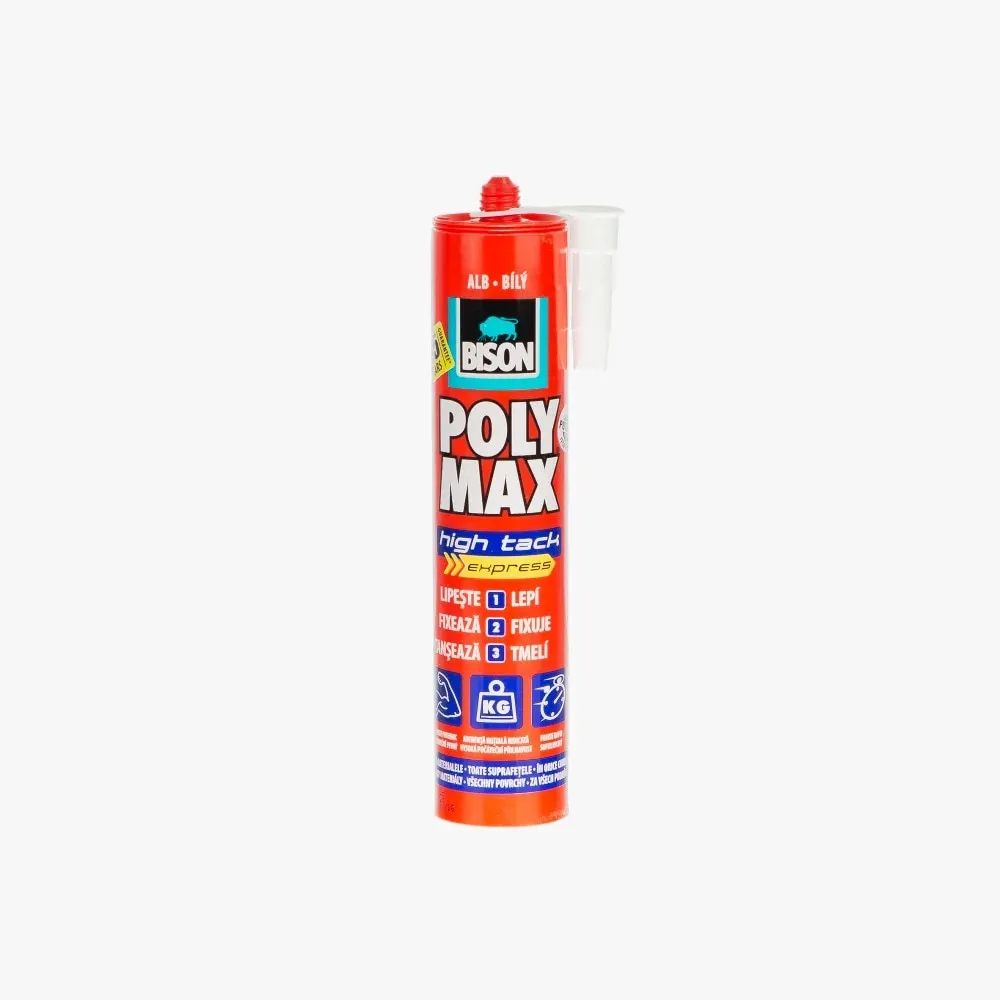 Adeziv Bison Poly Max Express, 440 g, alb, pentru montaj, rezistent la apa, aplicabil interior/exterior