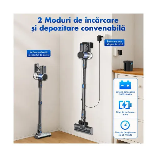 Aspirator vertical fara fir 200W 30 kPa cu ecran tactil LED si baterie 2000mAh — imaginea 8