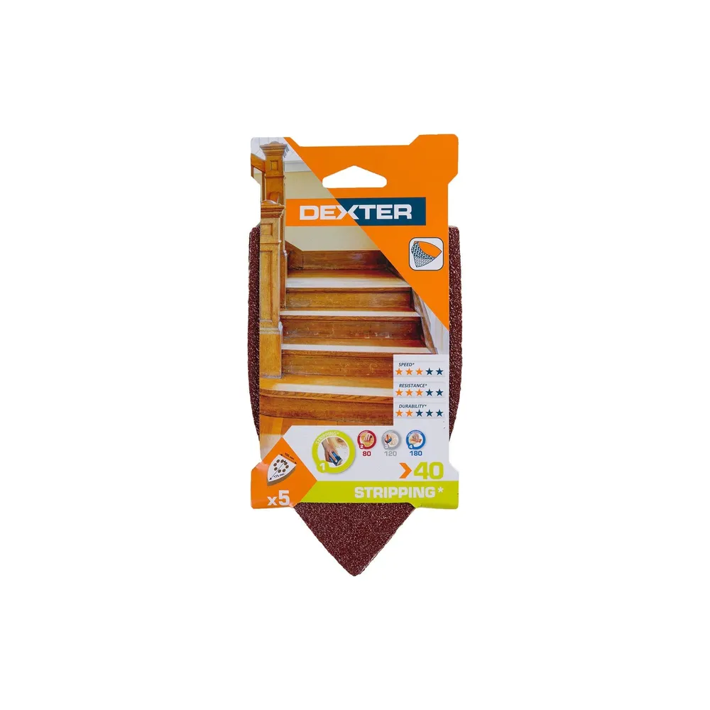 Banda abraziva Dexter, pentru slefuitor triunghiular, 105 x 175 mm, granulatie 40 (set 5 buc)