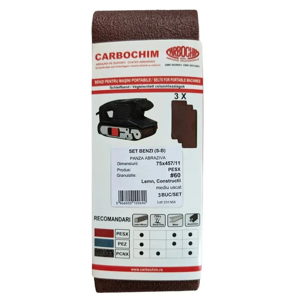 Banda abraziva fara sfarsit Carboas PESX, 75x457mm, granulatie 60, set 3 bucati