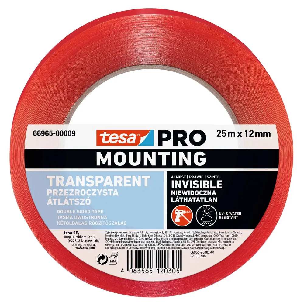 Banda adeziva pentru montaj, tesa PRO Mounting, transparent, interior / exterior, 25 m x 12 mm
