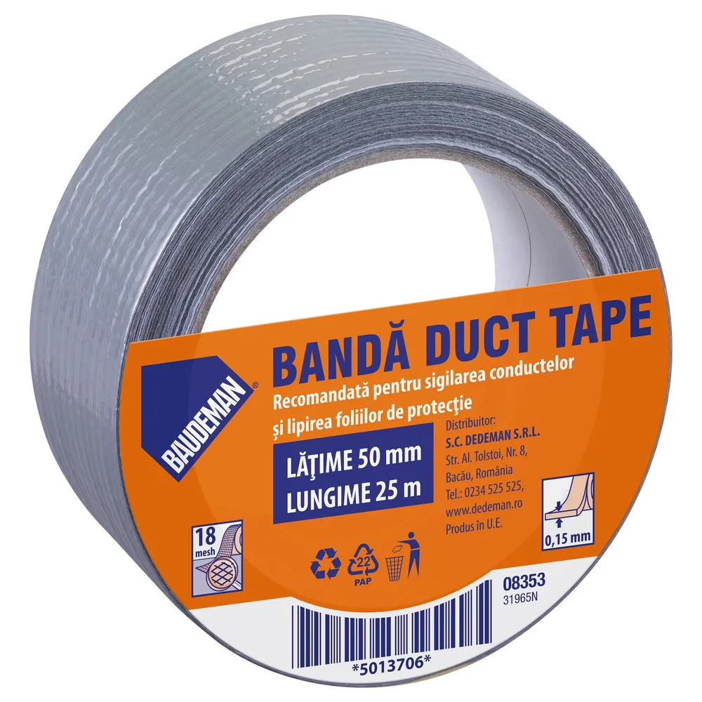 Banda adeziva pentru reparatii, Baudeman 8353, textil, 25 m x 50 mm
