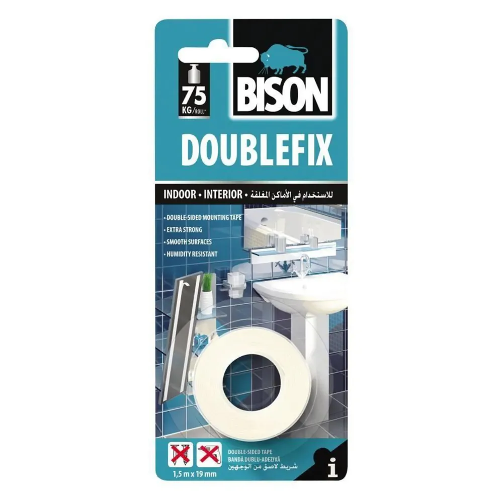 Banda dublu adeziva, Bison, 1.5 m x 19 mm