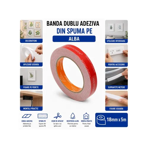 Banda dublu adeziva din spuma PE alba 18 mm x 5 m HighPower — imaginea 3