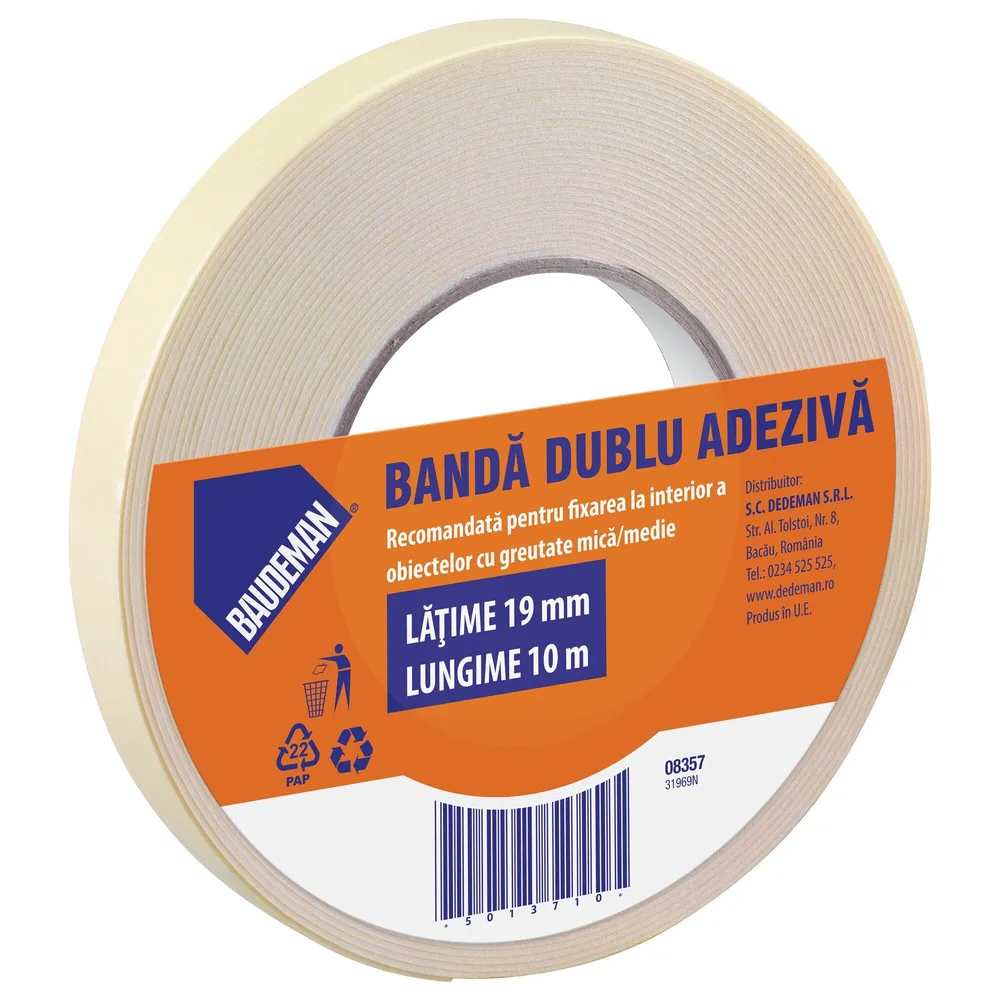 Banda dublu adeziva pentru fixare, Baudeman 8357, 10 m x 19 mm