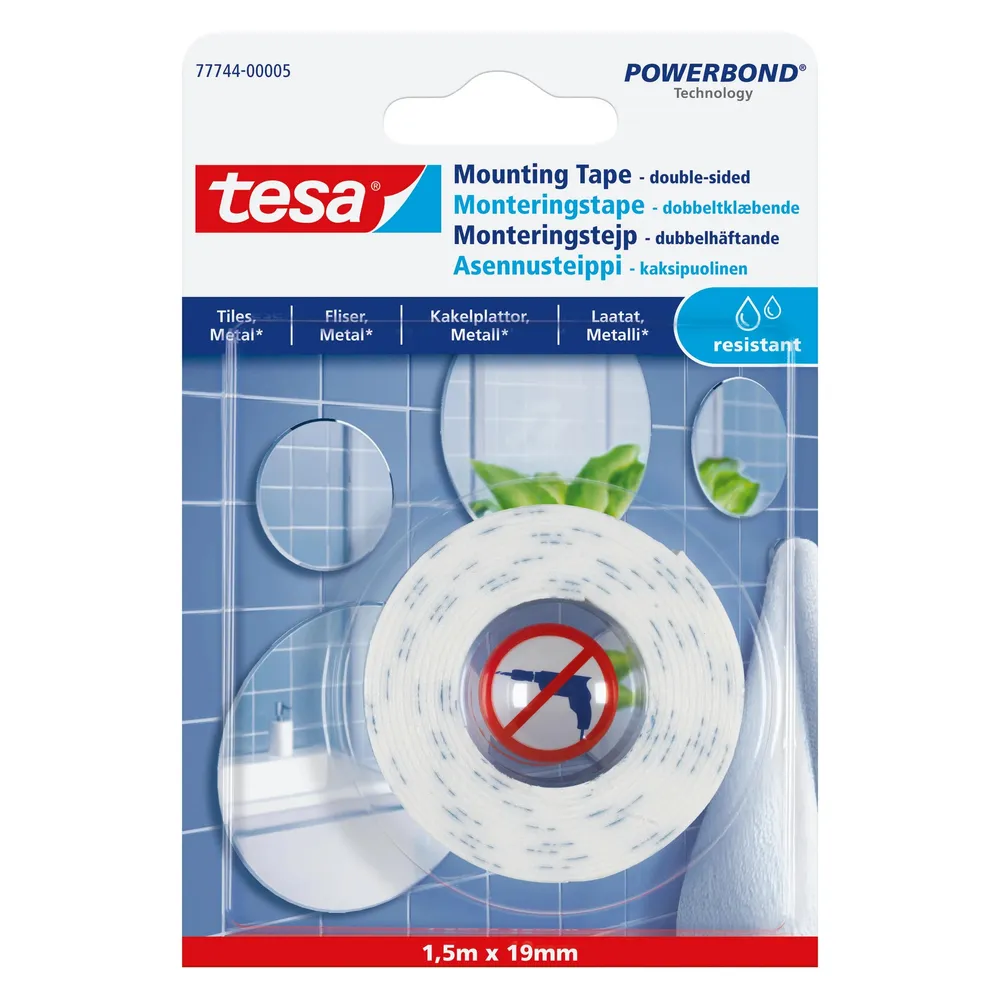 Banda dublu adeziva pentru suprafete netede, mediu umed, tesa, 1.5 m x 19 mm