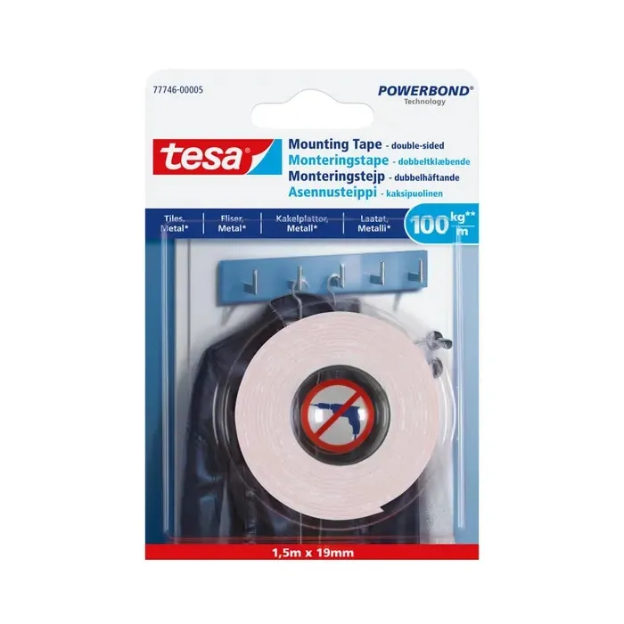 Banda dublu adeziva pentru suprafete netede, tesa, 1.5 m x 19 mm