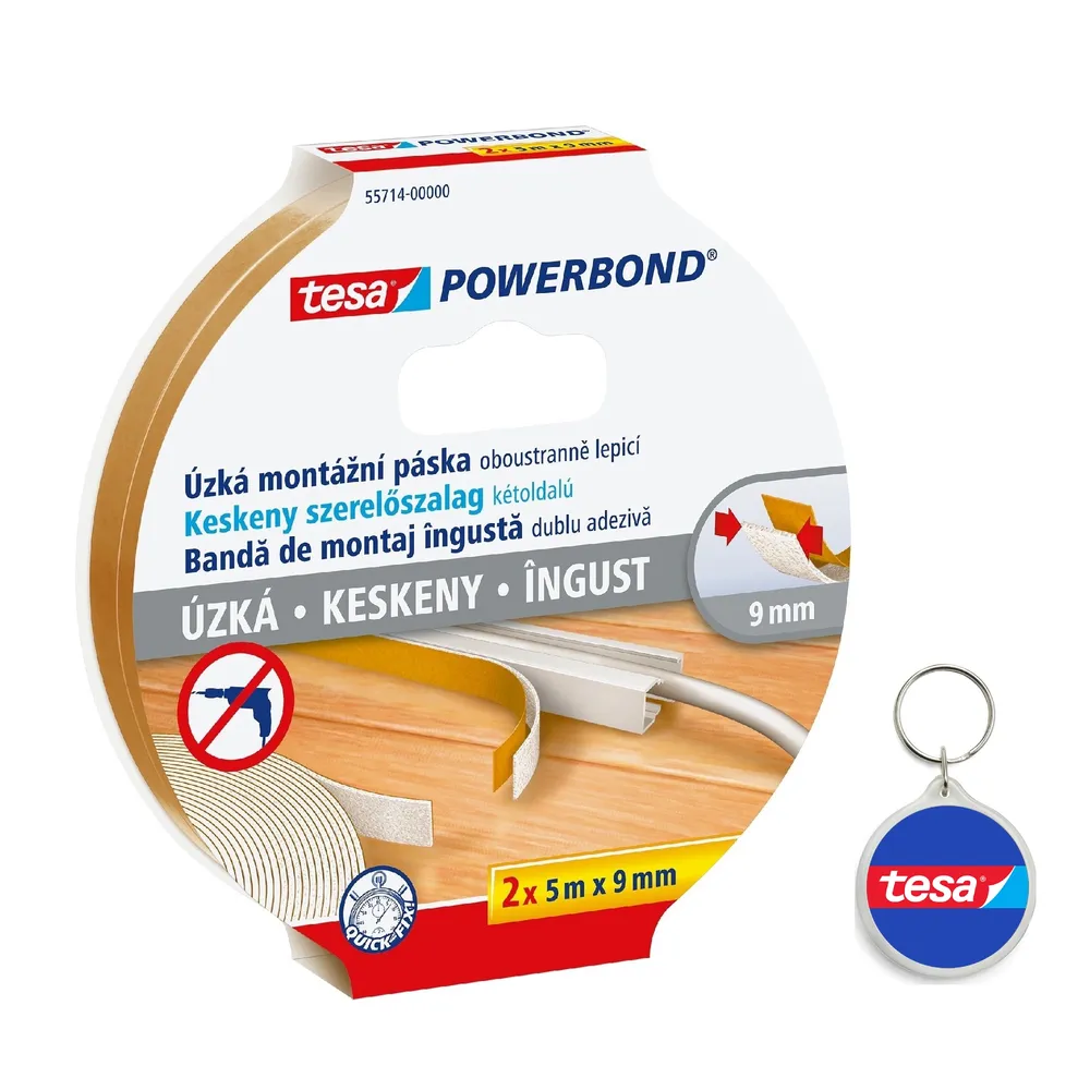 Banda dublu adeziva Tesa Powerbond, slim, 9 mm, L 5 m, alb (set 2 buc)