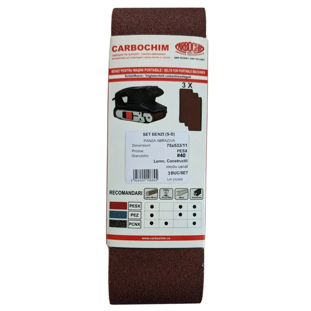 Banda fara sfarsit, pentru lemn / metale, Carboas PESX, 75 x 533 x 11 mm, granulatie 40, set 3 bucati