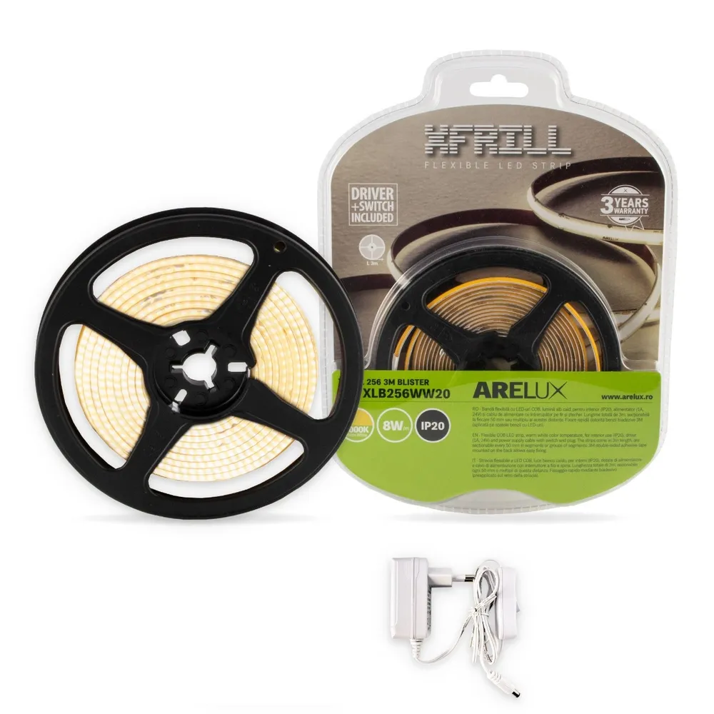 Banda LED dublu-adeziva pentru interior Arelux Xfrill COB, 24 V, 24 W, 2319 lm, lumina calda, cu alimentator + mufe de conexiune, 3 m, IP20