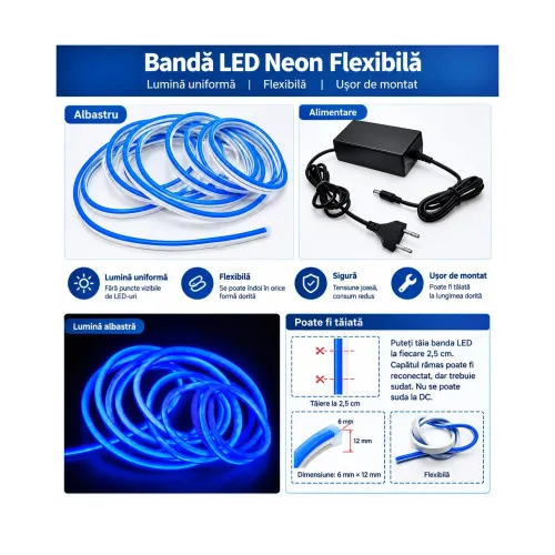 Banda led neon decorativ auto albastru 5 m 12V cu alimentator 220V inclus — imaginea 2