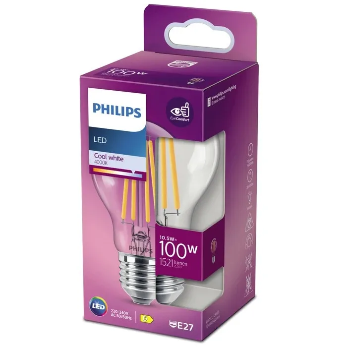 Bec LED filament Philips clasic A60 E27 10.5 W 1521 lm lumina neutra 4000 K