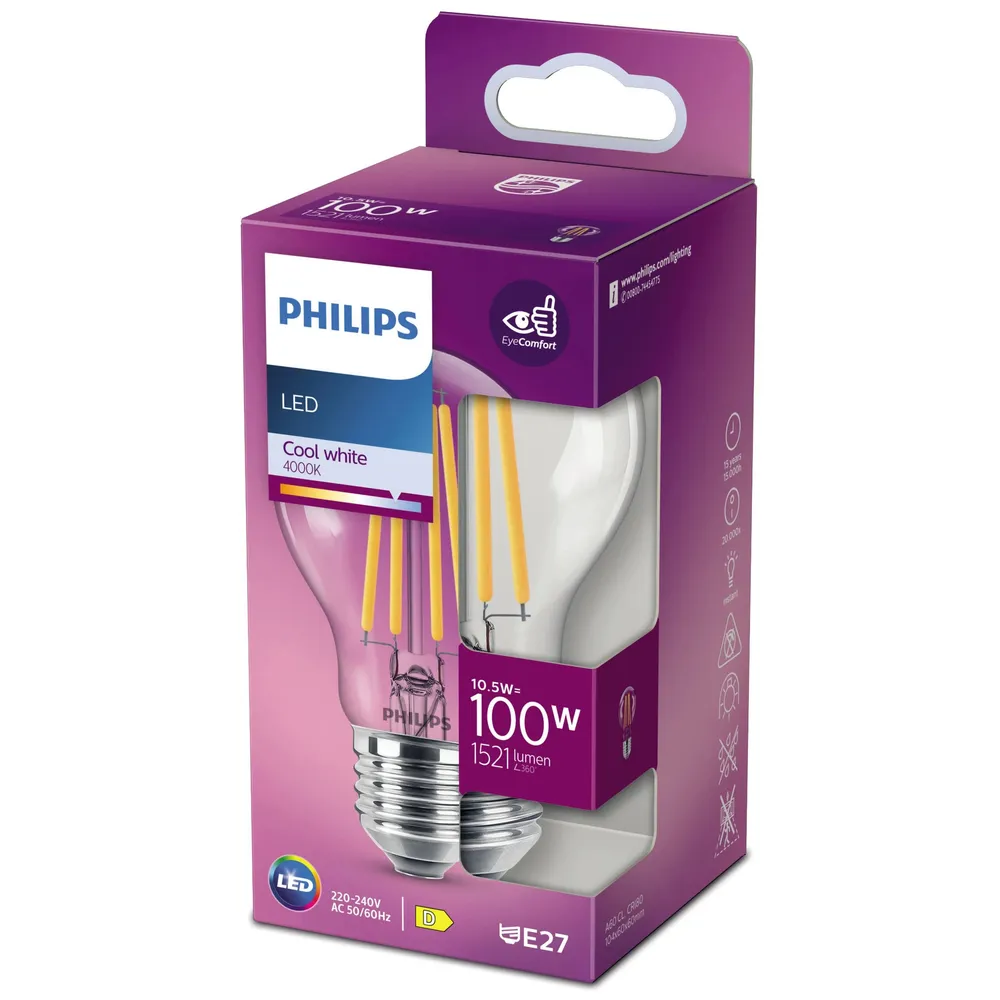 Bec LED filament Philips clasic A60 E27 10.5 W 1521 lm lumina neutra 4000 K