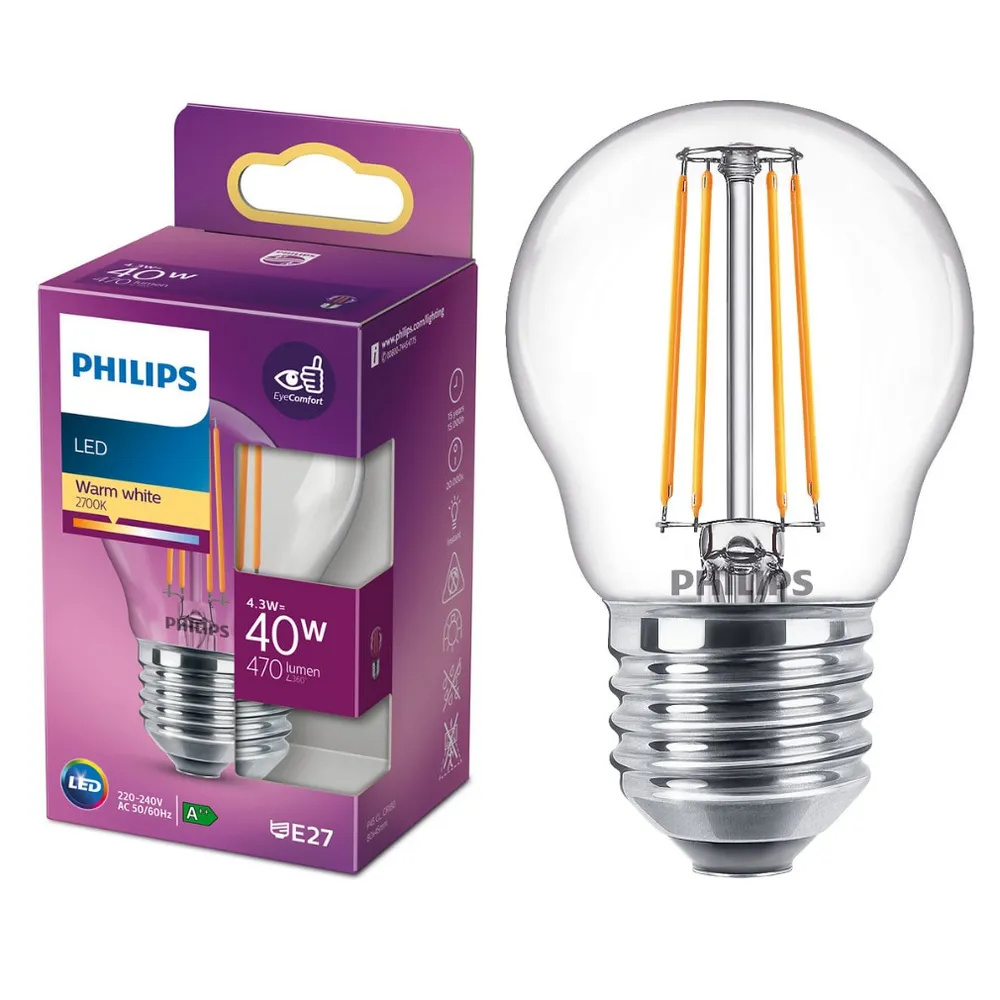 Bec LED filament Philips mini P45 E27 4.3 W 470 lm lumina calda 2700 K