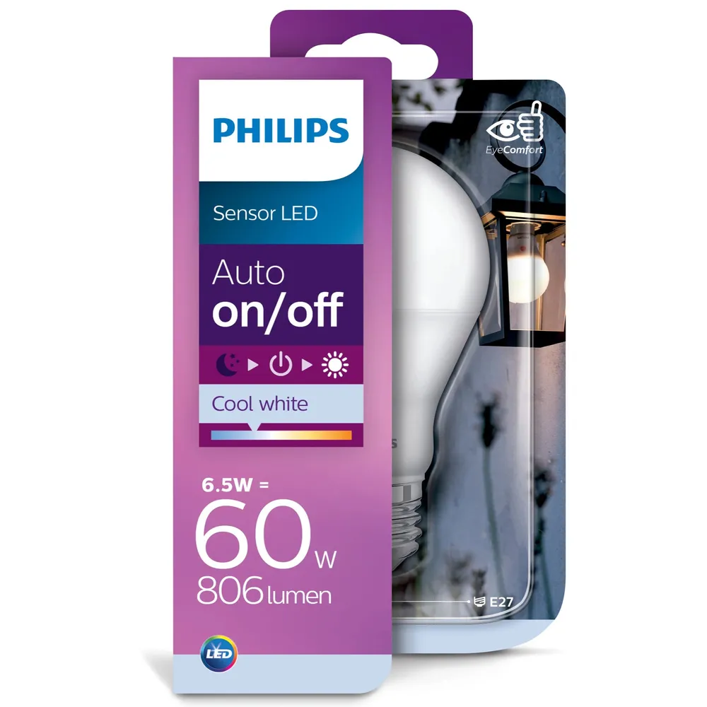 Bec LED Philips clasic A60 E27 6.5 W 806 lm lumina neutra 4000 K, cu senzor de lumina