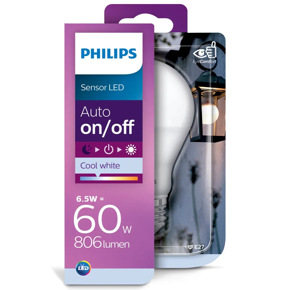 Bec LED Philips clasic A60 E27 6.5 W 806 lm lumina neutra 4000 K, cu senzor de lumina