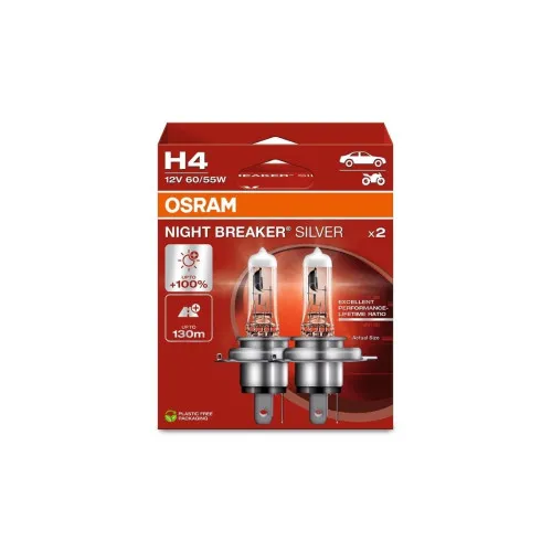 Becuri auto halogen Osram H4 Night Breaker Silver +100% 60/55W 12V set 2 bucati — imaginea 2