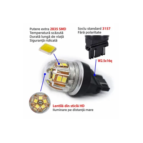 Becuri LED P27/7W 3157 Canbus 15 SMD 2835 320 lumeni 12V lumina alba nonpolar 2 faze set 2 bucati — imaginea 3