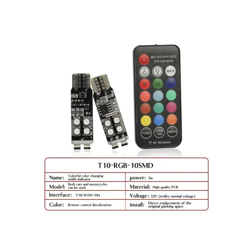 Becuri LED RGB T10 10 SMD 2835 12 culori telecomanda RF 12V set 2 bucati — imaginea 3