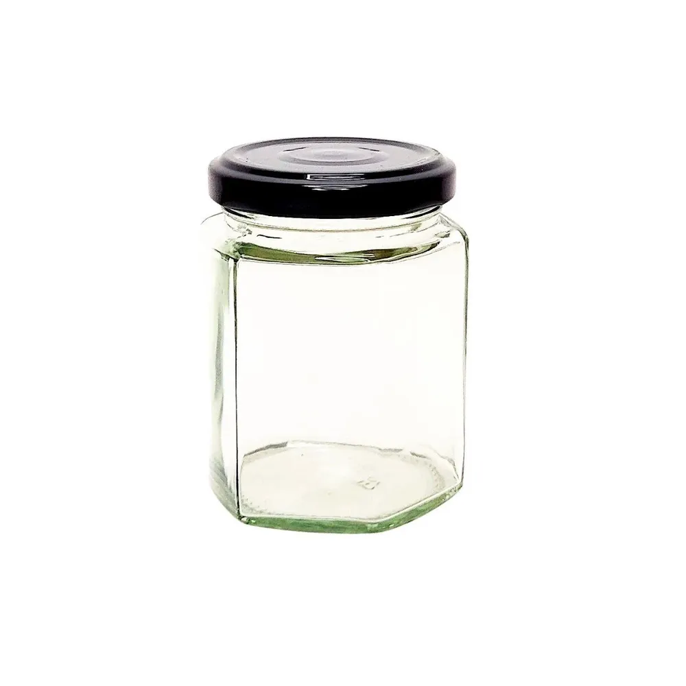 Borcan hexagonal cu capac, stricla transparenta, 196 ml, set 3 bucati