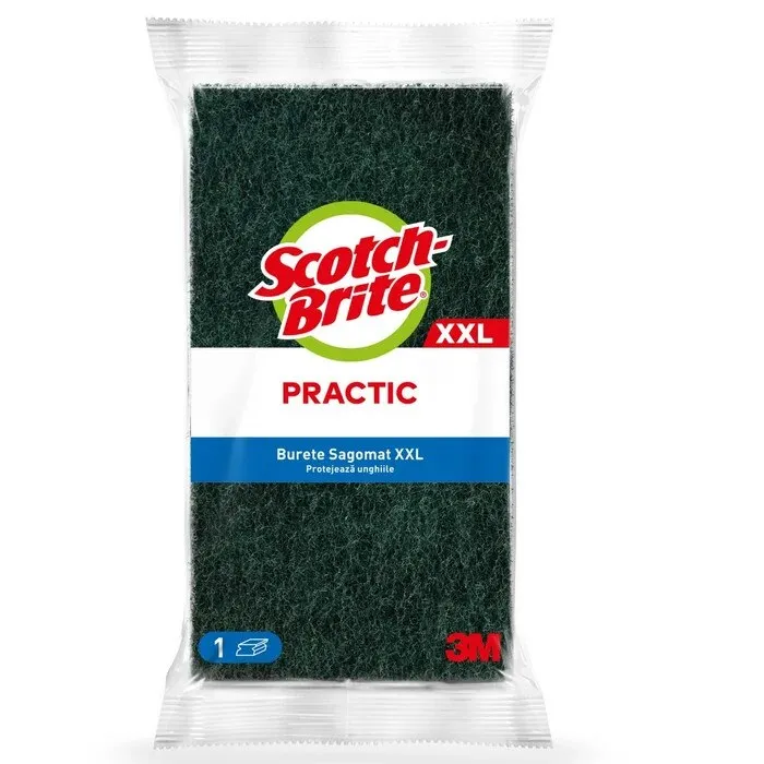 Burete pentru bucatarie Scotch-Brite Sagomat XXL, cu canelura, protectie unghii, verde + galben