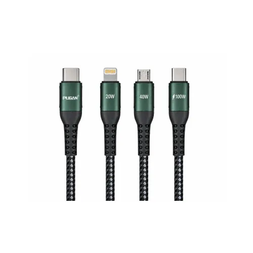 Cablu incarcare 3 in 1 100W Quick Charge Type-C la Type-C Lightning si Micro USB 1.2 m textil impletit negru Premium
