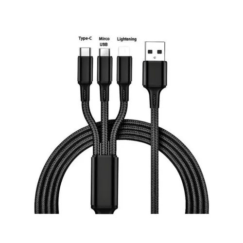 Cablu incarcare 3 in 1 3.4A Quick Charge USB-A la Type-C Micro USB si Lightning 1.2 m textil impletit negru Premium