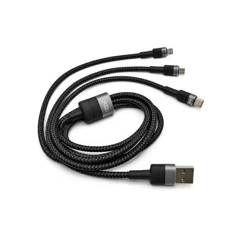 Cablu pentru incarcare 40W Quick Charge si transfer date 3 in 1 USB-A la Micro USB Type-C si Lightning 1.2 m negru
