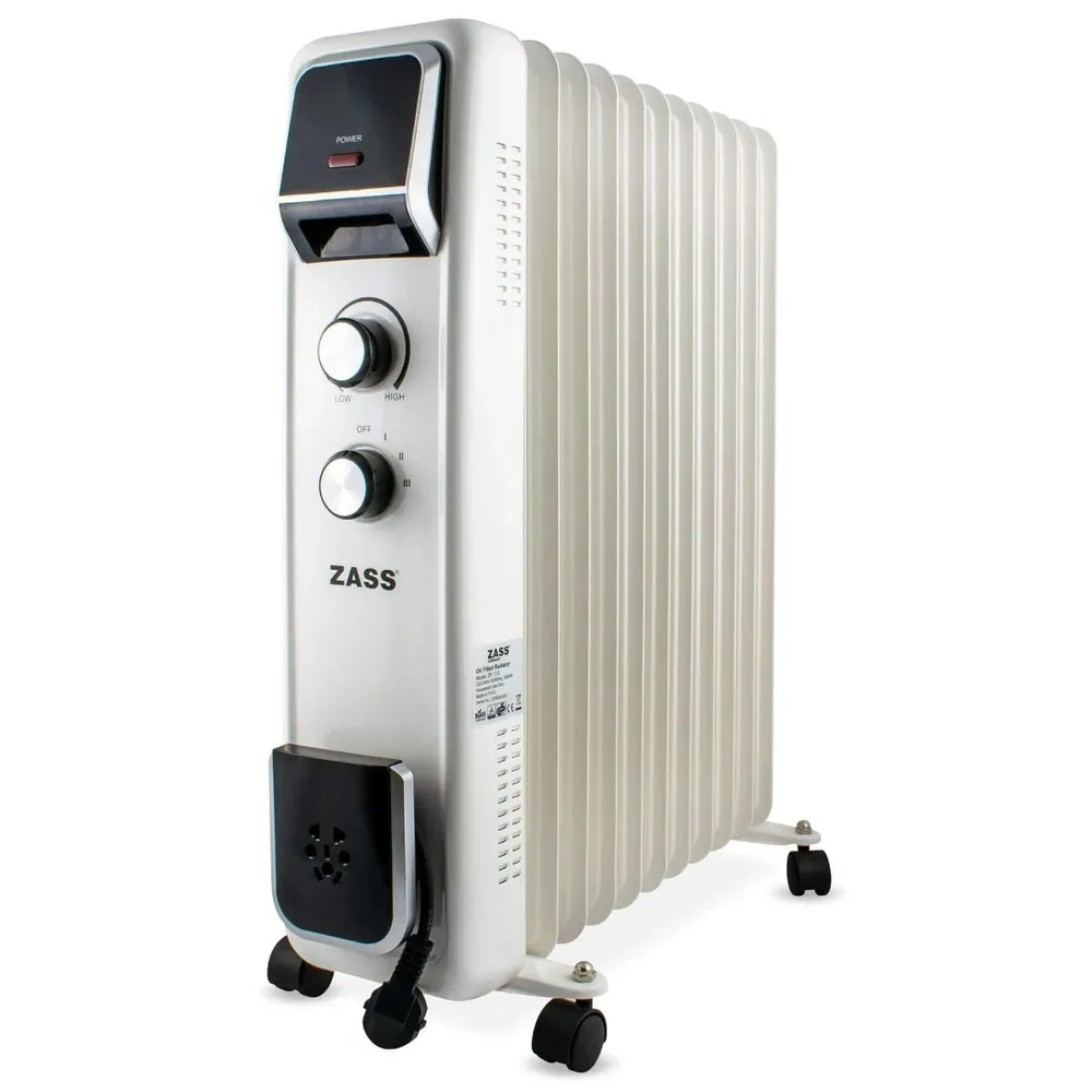 Calorifer electric cu ulei Zass ZR 11 E, 3 viteze, 2500 W, 48 x 15 x 57 cm, 11 elementi, termostat reglabil, protectie la supraincalzire, indicator luminos de functionare, maner si rotite pentru o deplasare facila, alb