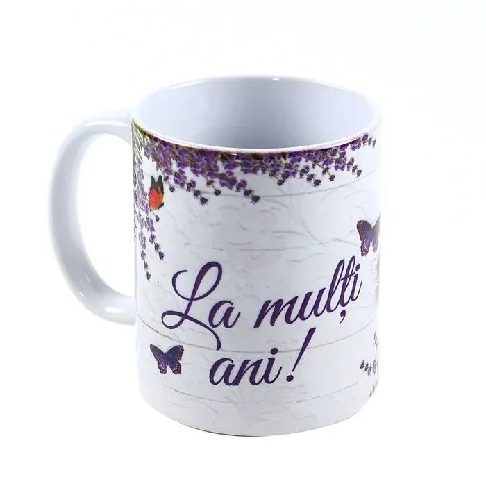 Cana cu mesaj, La multi ani, ceramica, decor lavanda, 330 ml