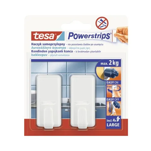Carlige adezive Tesa Powerstrips Mari Classic, set 2 buc, alb, rezistenta 2 kg