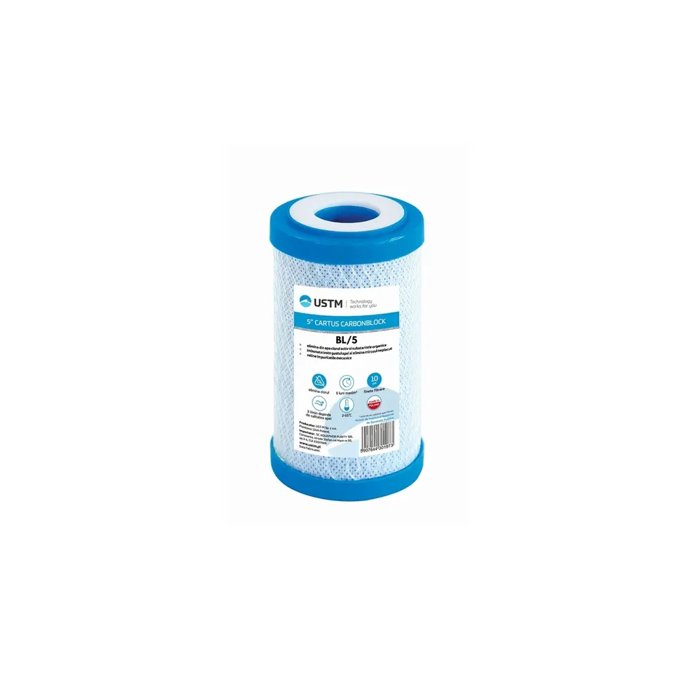 Cartus filtru apa 5", filtrare clor, metale si sedimente, carbune activ presat, 10 μm, 5 m³