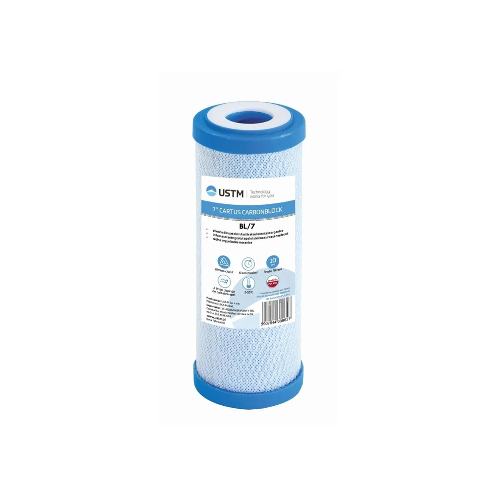 Cartus filtru apa 7", filtrare clor, metale si sedimente, carbune activ presat, 10 μm, 7 m³