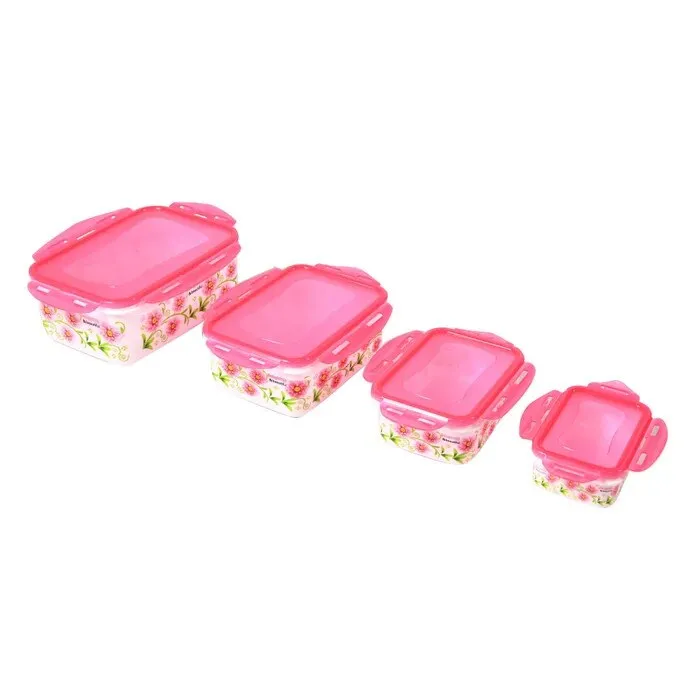 Caserola alimente, D2285, plastic, dreptunghiulara, roz, set 4 bucati