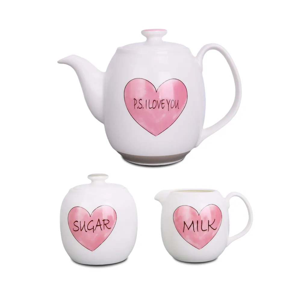 Ceainic + recipient lapte + recipient zahar EP3698, portelan, alb + roz, 1200 ml + 270 ml + 350 ml, set 3 bucati
