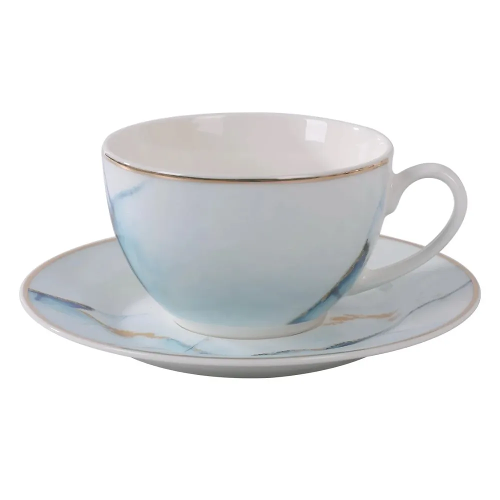 Ceasca si farfurioara SHJ10830, set 12 piese, portelan, alb + albastru, 220 ml