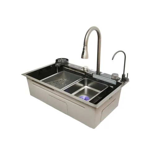 Chiuveta bucatarie multifunctionala cu doua baterii, otel inoxidabil, afisaj digital temperatura, doua cascade, spalator pahare, scurgator, tava, tocator si accesorii scurgere incluse, 75x46x23.5cm — imaginea 2