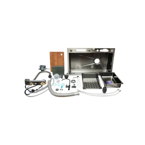 Chiuveta bucatarie multifunctionala cu doua baterii, otel inoxidabil, afisaj digital temperatura, functie cascada, dozator sapun, scurgator, tava, tocator si accesorii scurgere incluse, 75x46x23.5cm — imaginea 7