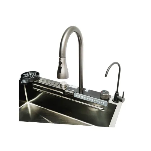 Chiuveta bucatarie multifunctionala cu doua baterii, otel inoxidabil, afisaj digital temperatura, doua cascade, spalator pahare, scurgator, tava, tocator si accesorii scurgere incluse, 75x46x23.5cm — imaginea 7