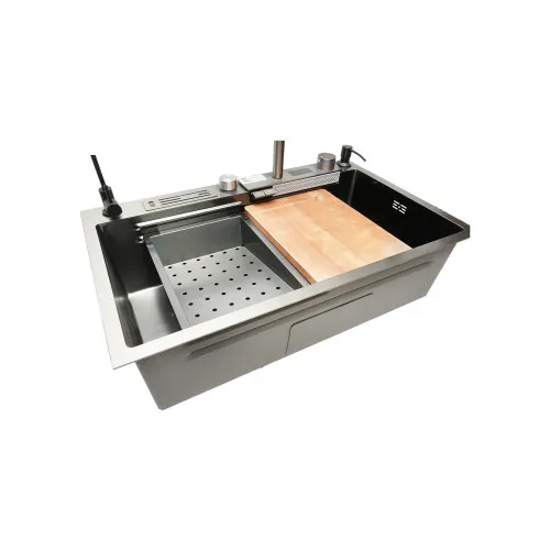 Chiuveta bucatarie multifunctionala cu doua baterii, otel inoxidabil, afisaj digital temperatura, functie cascada, dozator sapun, scurgator, tava, tocator si accesorii scurgere incluse, 75x46x23.5cm — imaginea 4