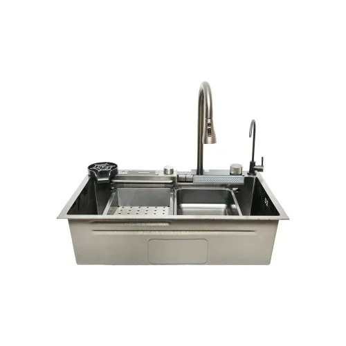 Chiuveta bucatarie multifunctionala cu doua baterii, otel inoxidabil, afisaj digital temperatura, doua cascade, spalator pahare, scurgator, tava, tocator si accesorii scurgere incluse, 75x46x23.5cm