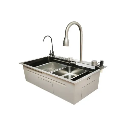 Chiuveta bucatarie multifunctionala cu doua baterii, otel inoxidabil, afisaj digital temperatura, functie cascada, dozator sapun, scurgator, tava, tocator si accesorii scurgere incluse, 75x46x23.5cm — imaginea 2