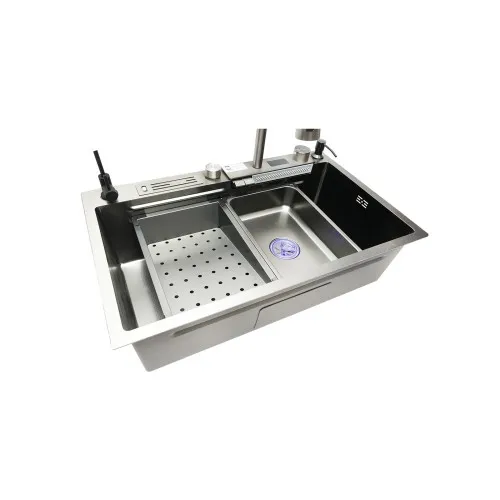 Chiuveta bucatarie multifunctionala cu doua baterii, otel inoxidabil, afisaj digital temperatura, functie cascada, dozator sapun, scurgator, tava, tocator si accesorii scurgere incluse, 75x46x23.5cm — imaginea 3