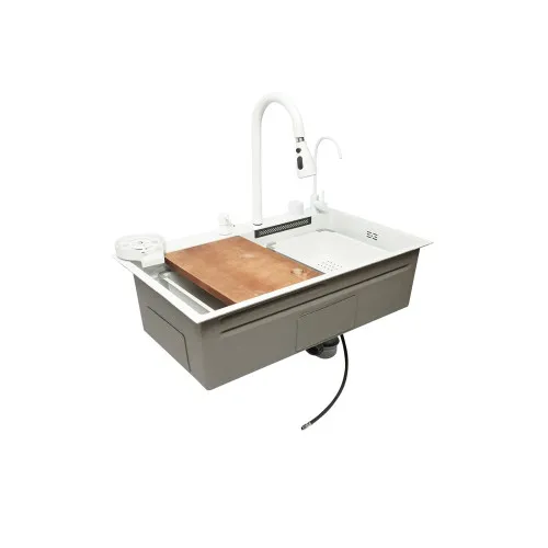 Chiuveta bucatarie otel inoxidabil cu doua baterii, functie cascada, spalator pahare, dozator sapun, scurgator, tava, tocator si accesorii scurgere incluse, 75x46x23.5cm — imaginea 2