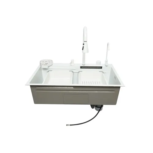 Chiuveta bucatarie otel inoxidabil cu doua baterii, functie cascada, spalator pahare, dozator sapun, scurgator, tava, tocator si accesorii scurgere incluse, 75x46x23.5cm