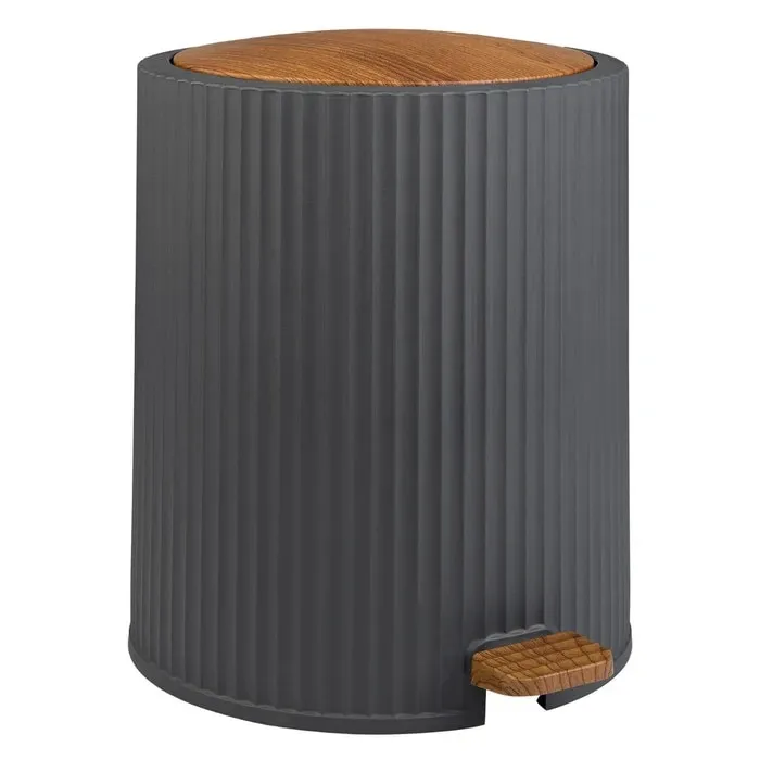 Cos de gunoi cu pedala, Okyanus Home Coliseum OKY-453-3, plastic, forma cilindrica, antracit + lemn, 5 L