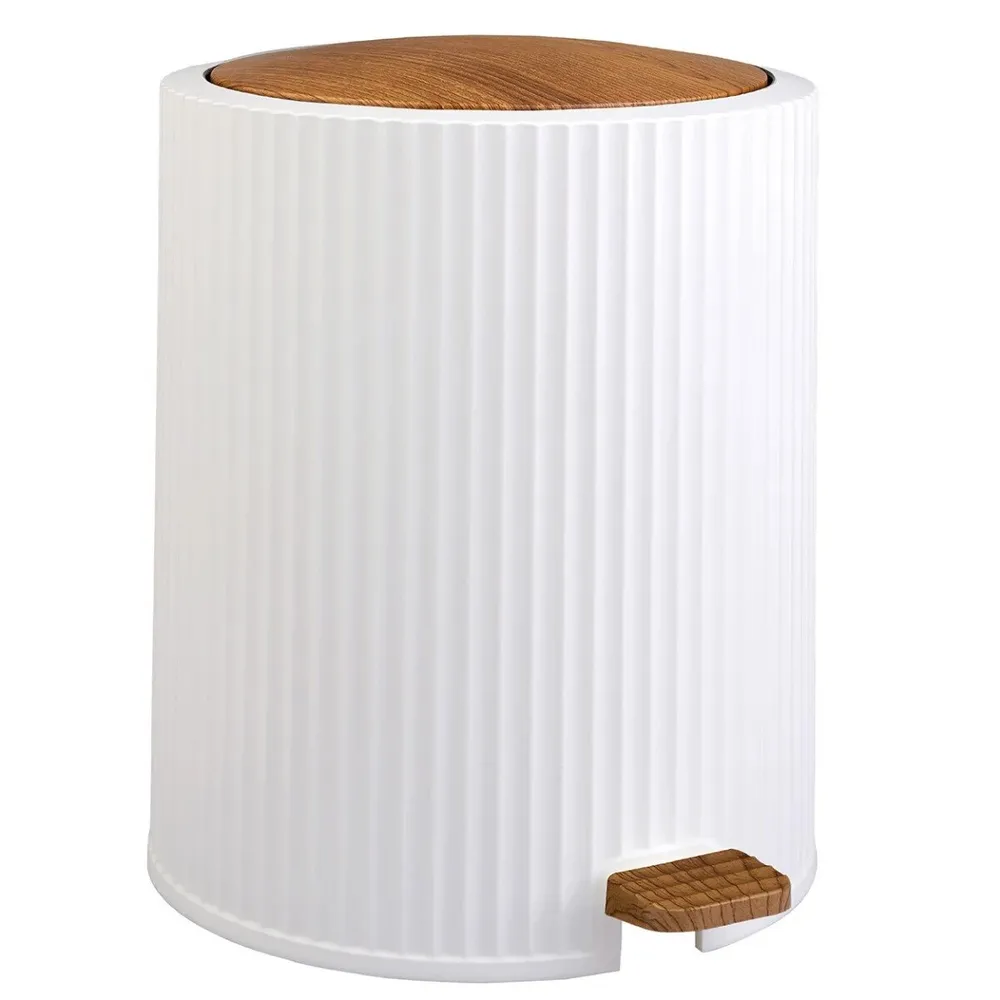 Cos de gunoi cu pedala, Okyanus Home Coliseum OKY-453-3, plastic, forma cilindrica, alb + lemn, 5 L