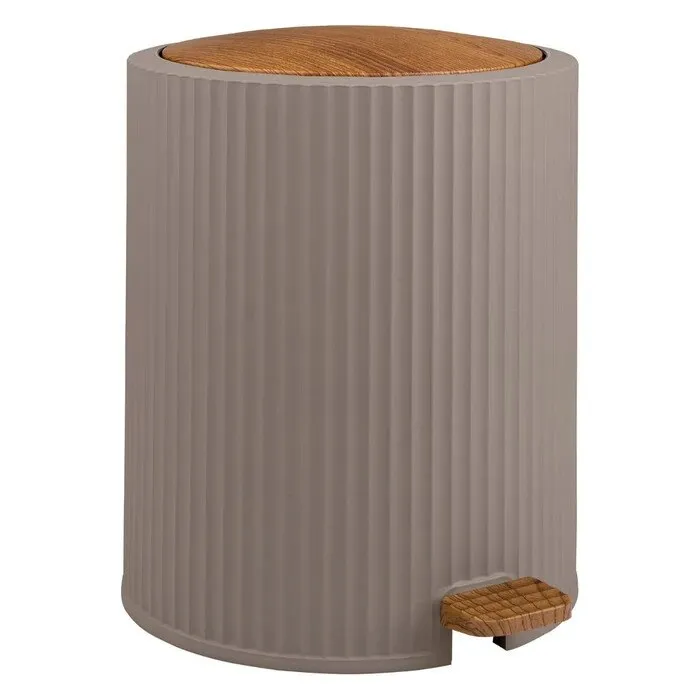 Cos de gunoi cu pedala Okyanus Home Coliseum, plastic, cilindric, maro + lemn, 5 L